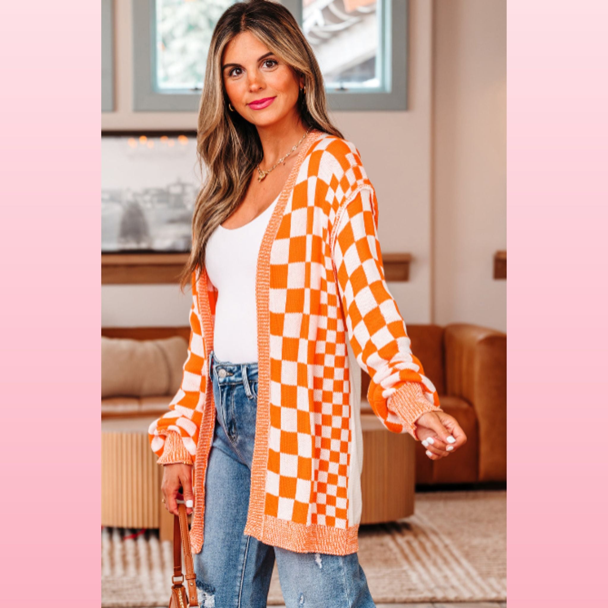 Orange Checkered Drop Shoulder Cardigan | Opulent Vibe