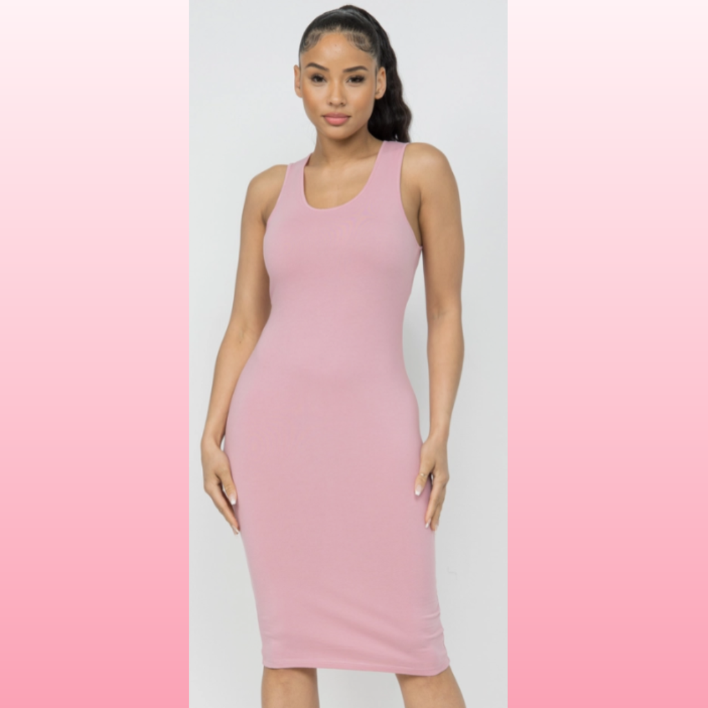 Pink Sleeveless Scoop Neck Bodycon Midi Dress | Opulent Vibe