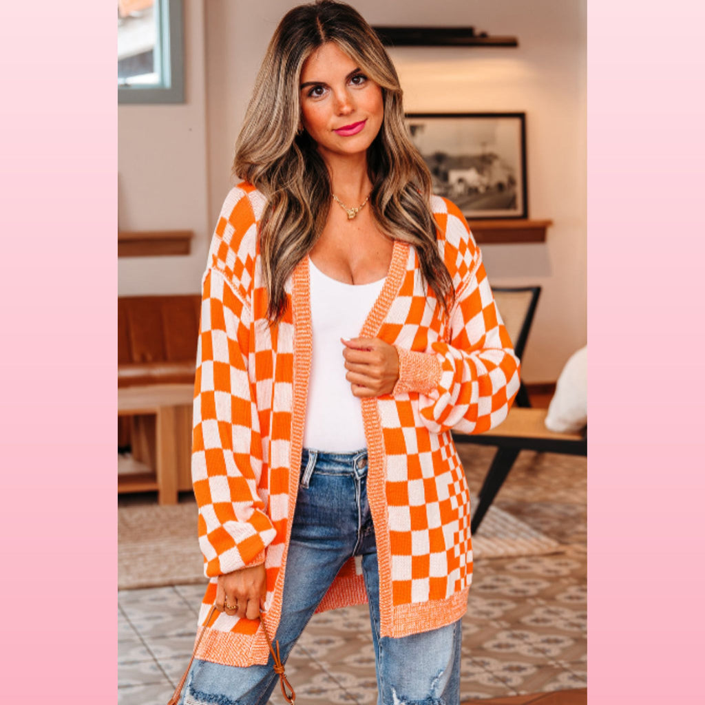 Orange Checkered Drop Shoulder Cardigan | Opulent Vibe