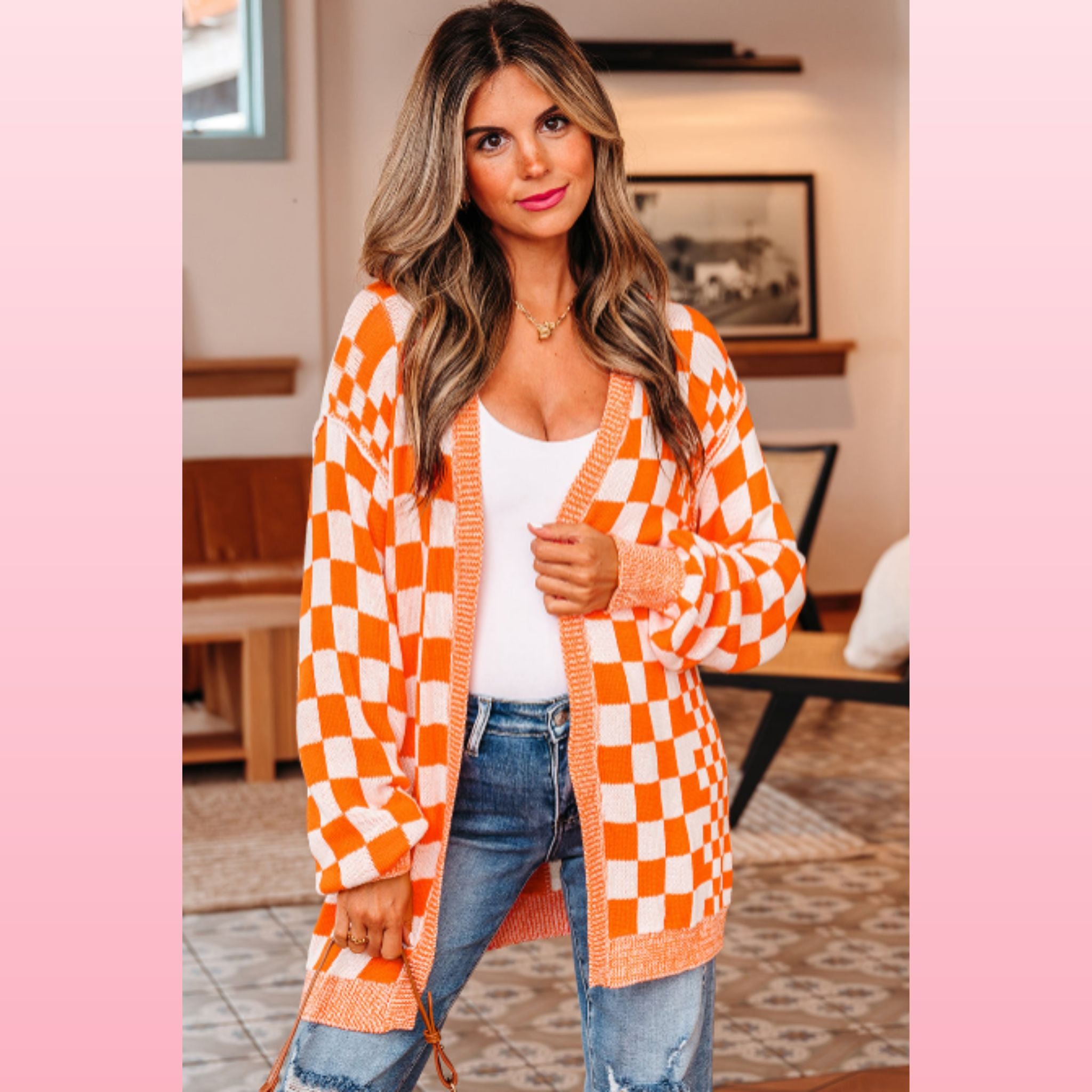 Orange Checkered Drop Shoulder Cardigan | Opulent Vibe