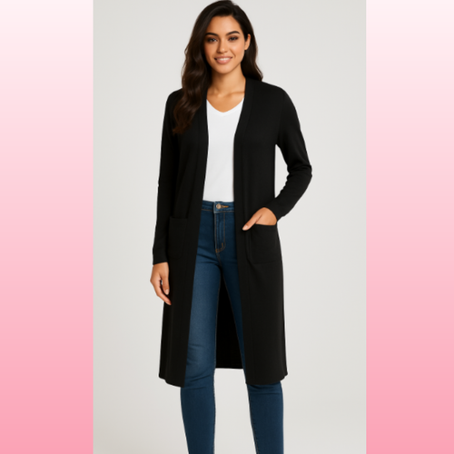 Black Long Sleeve Pocketed Duster | Opulent Vibe