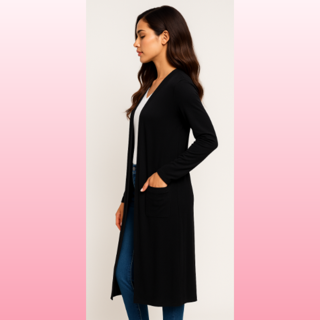 Black Long Sleeve Pocketed Duster | Opulent Vibe
