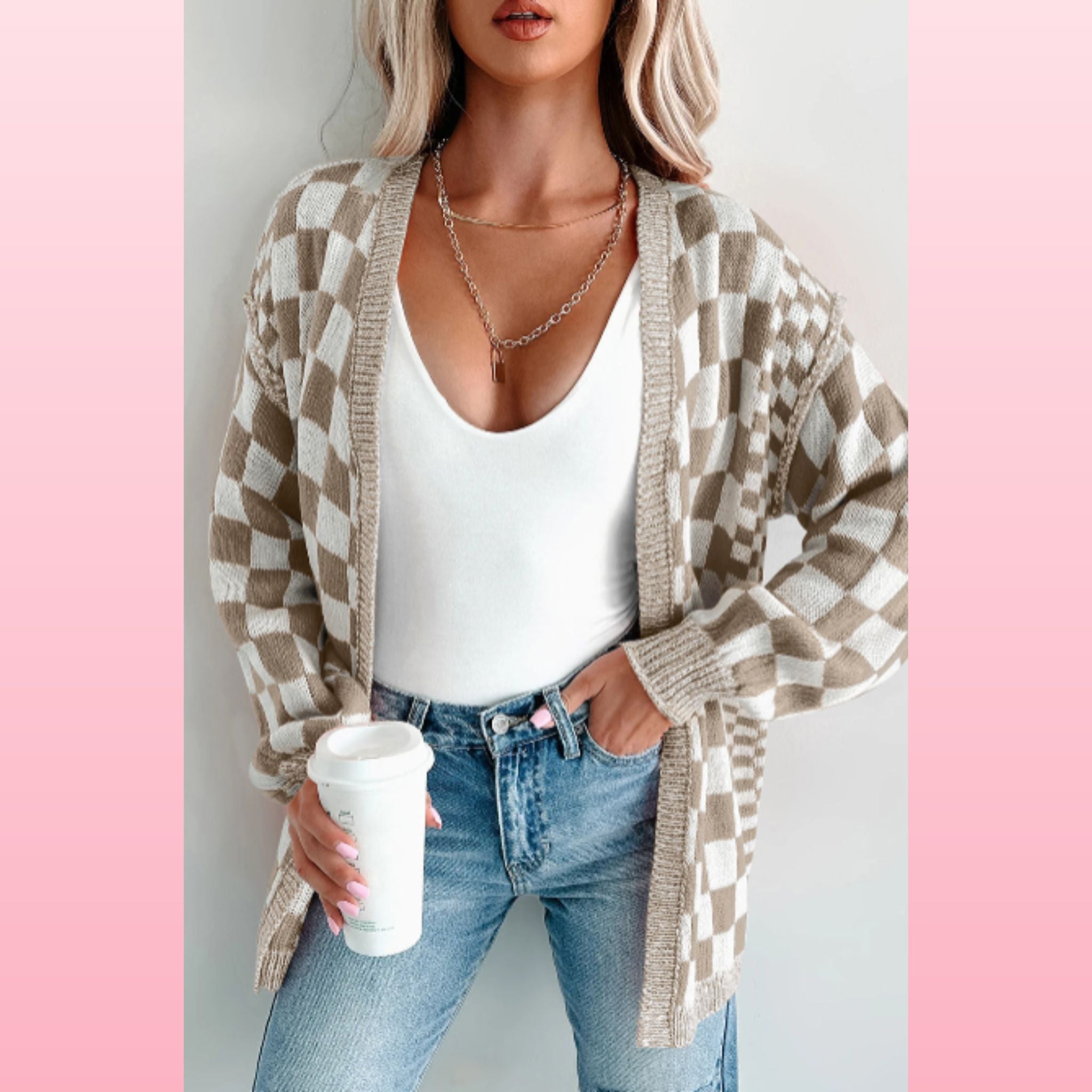 Brown Checkered Drop Shoulder Cardigan | Opulent Vibe (Copy)