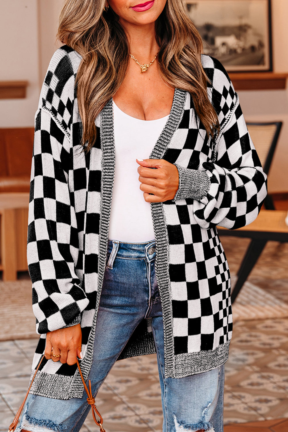 Orange Checkered Drop Shoulder Cardigan | Opulent Vibe