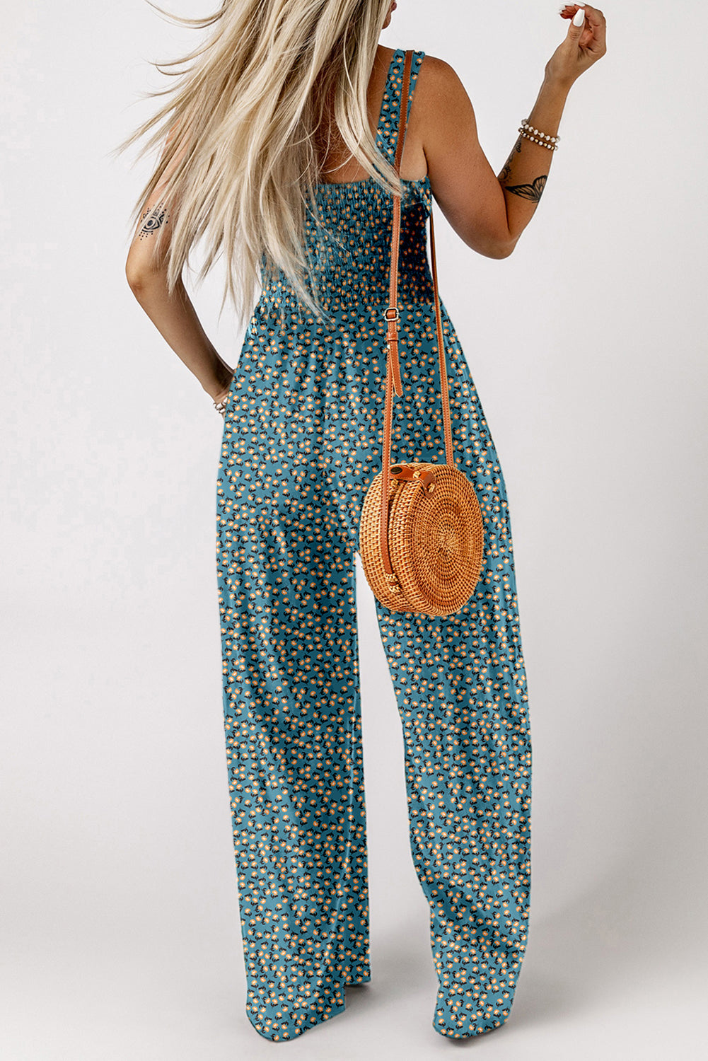 Floral Smocked Jumpsuit – Square Neck & High Waist | Opulent Vibe