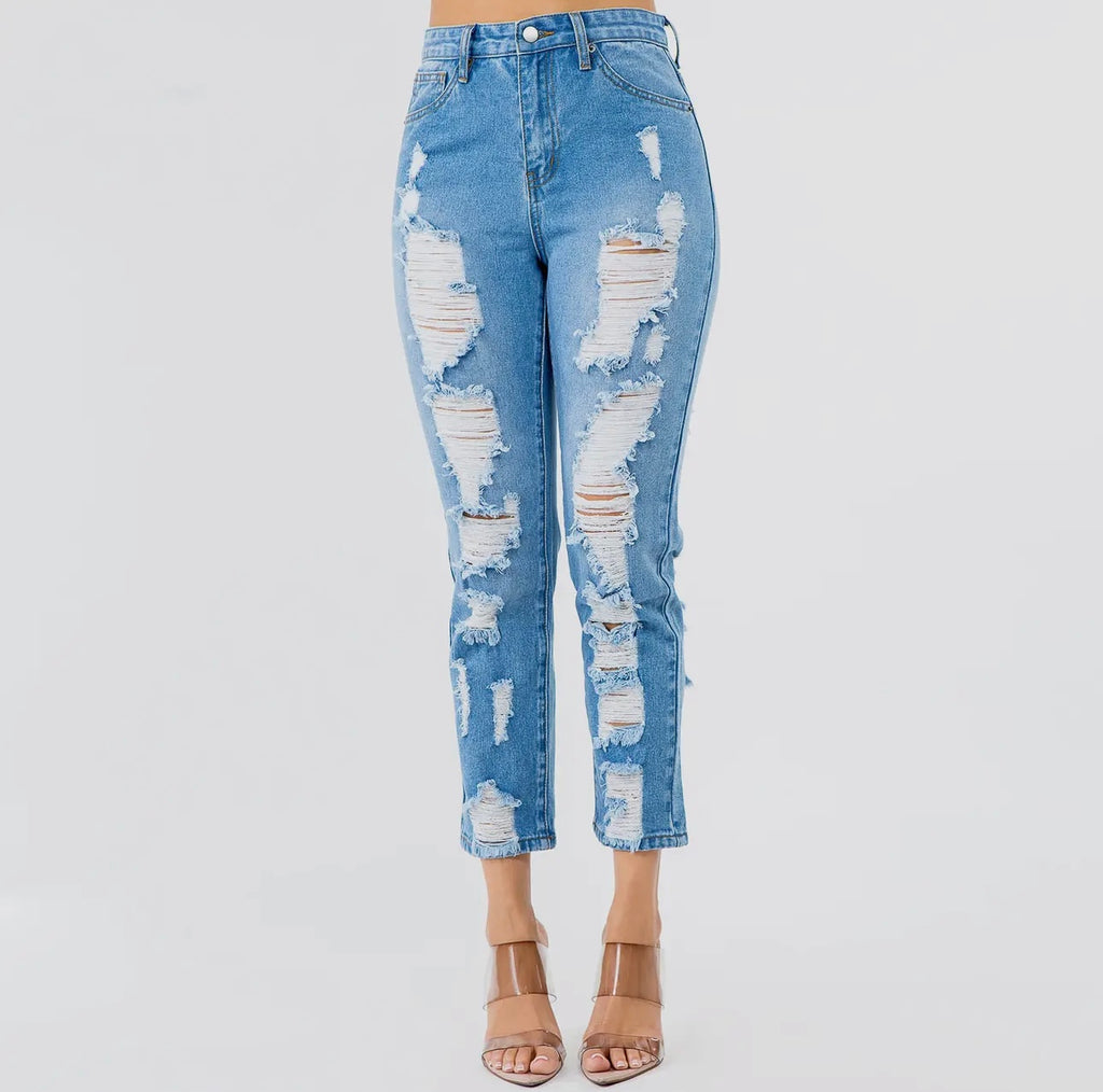 Light Wash Distressed High-Waisted Straight Jeans | Opulent Vibe