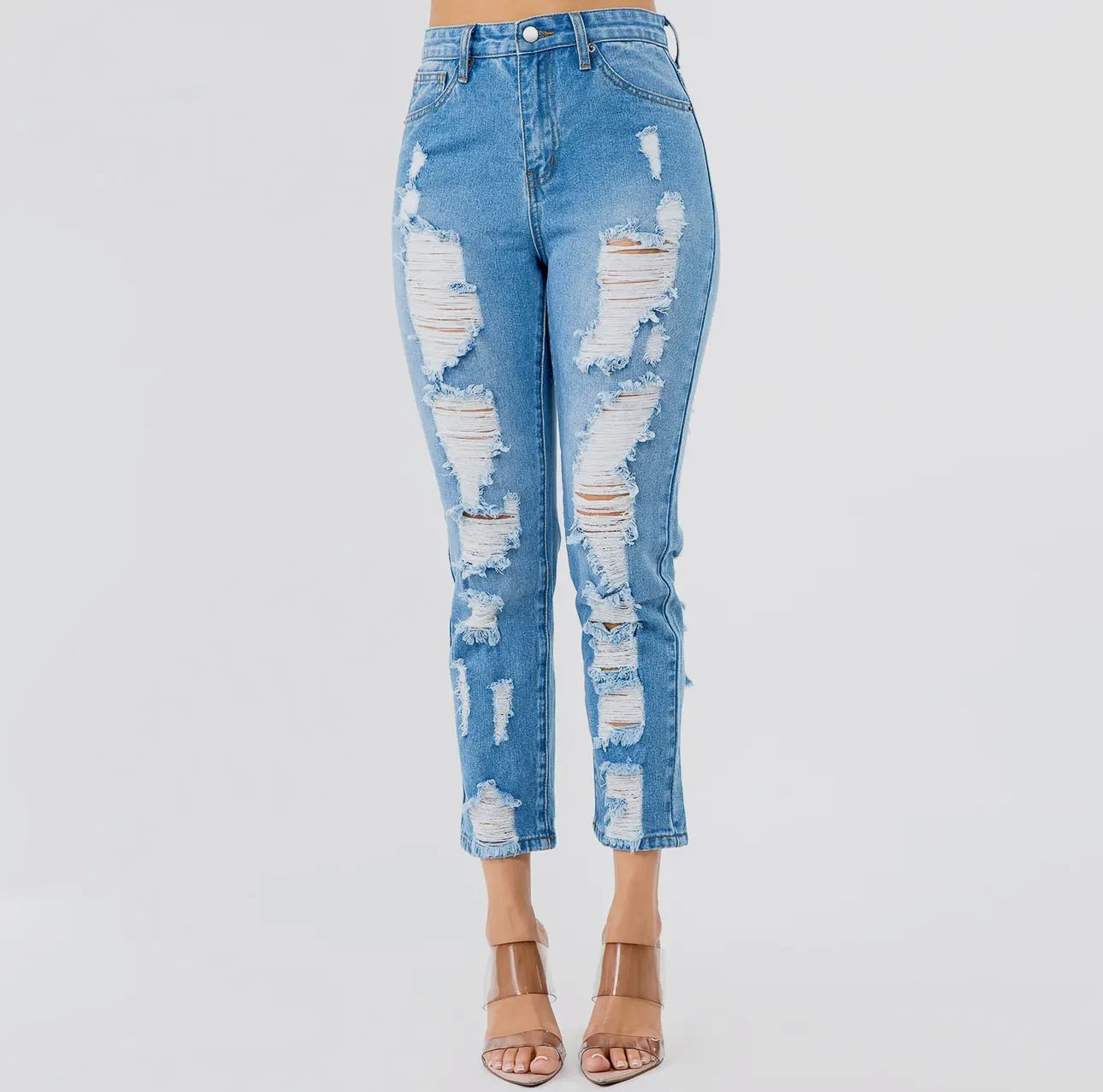 Light Wash Distressed High-Waisted Straight Jeans | Opulent Vibe