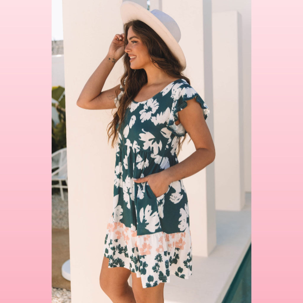 Green Floral Mini Dress – Ruffle Sleeves & Empire Waist | Opulent Vibe