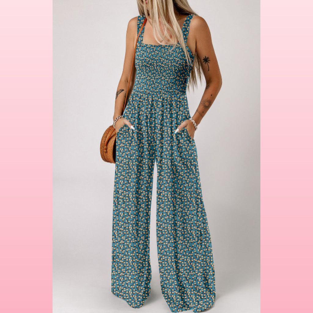 Floral Smocked Jumpsuit – Square Neck & High Waist | Opulent Vibe