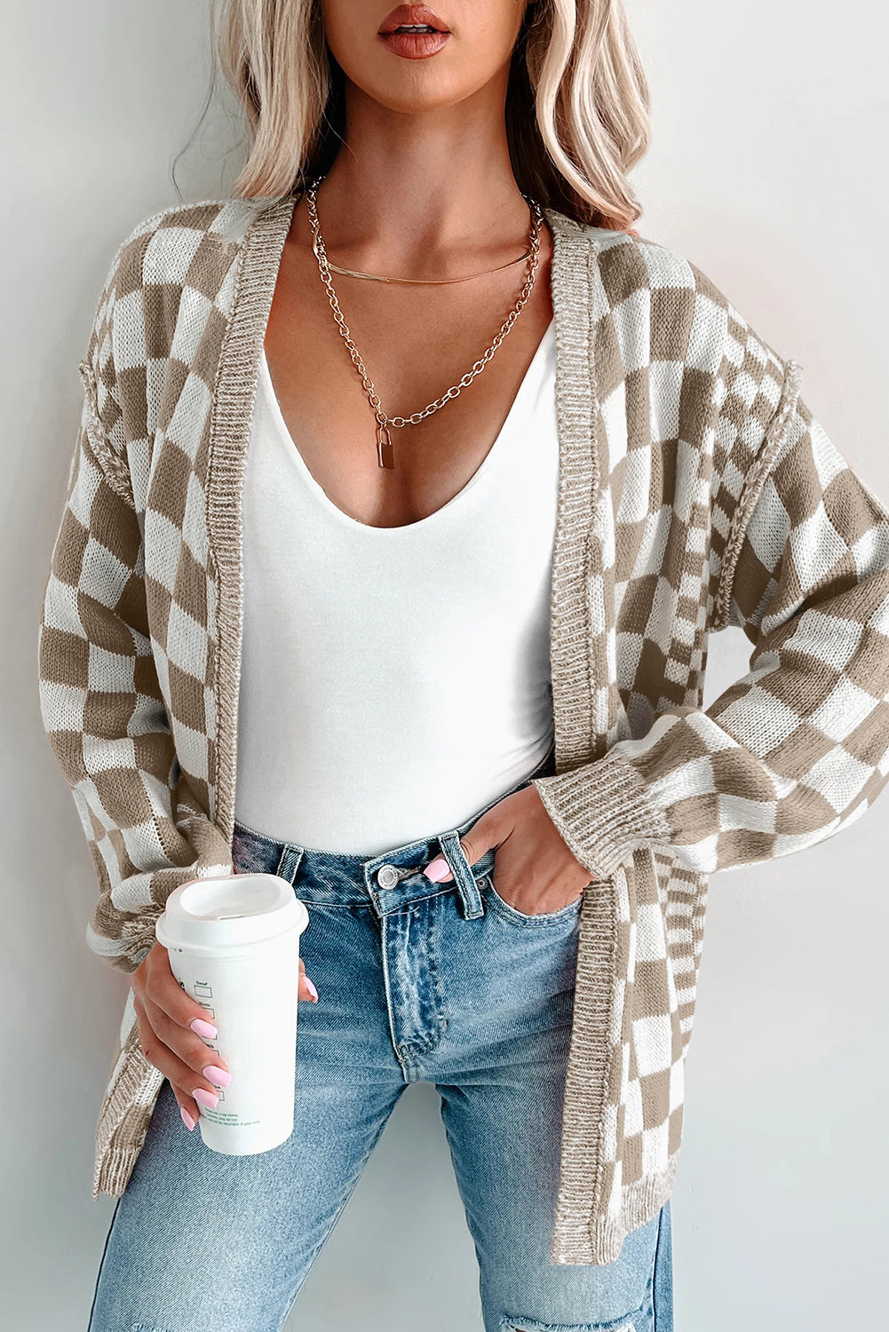 Orange Checkered Drop Shoulder Cardigan | Opulent Vibe