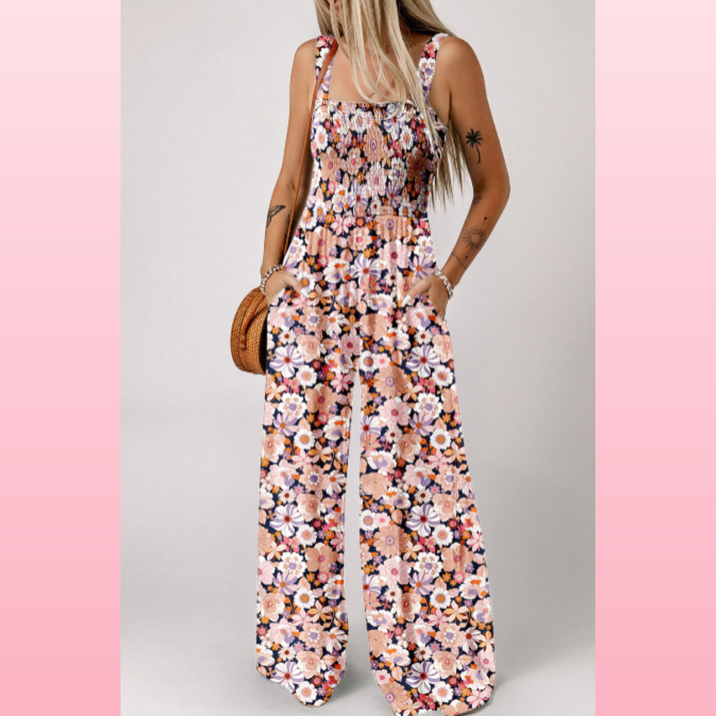 Floral Smocked Jumpsuit – Square Neck & High Waist | Opulent Vibe