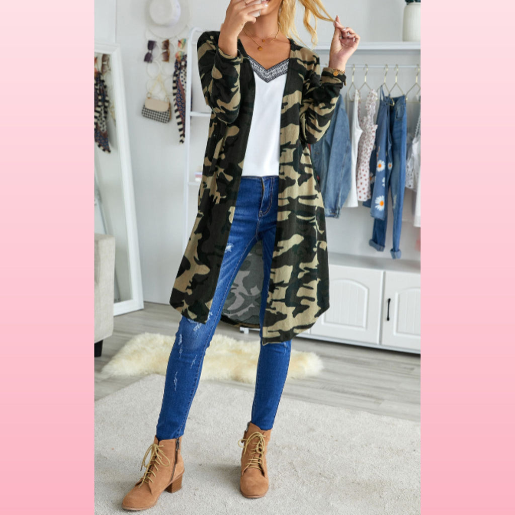 Green Camo Boho Cardigan - Lightweight Layering Piece | Opulent Vibe