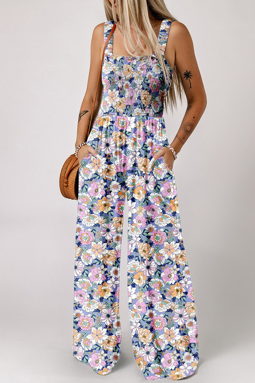 Purple Floral Smocked Jumpsuit – Square Neck & High Waist | Opulent Vibe