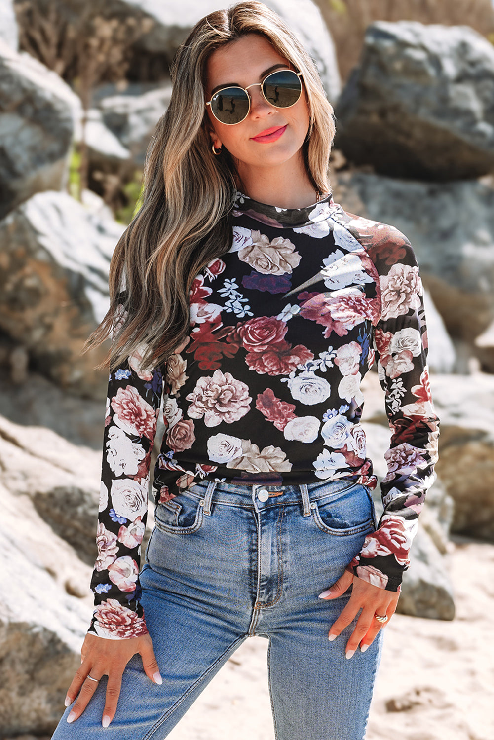 Pink&Black Mesh Floral Print Top – Sheer Blouse | Opulent Vibe