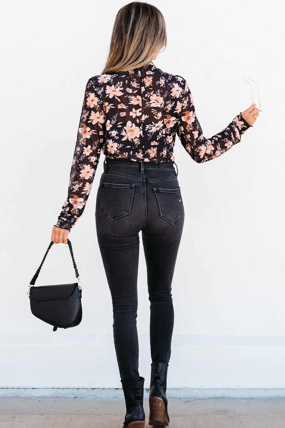 Black Floral Mesh Mock Neck Long Sleeve Slim Fit Top | Opulent Vibe