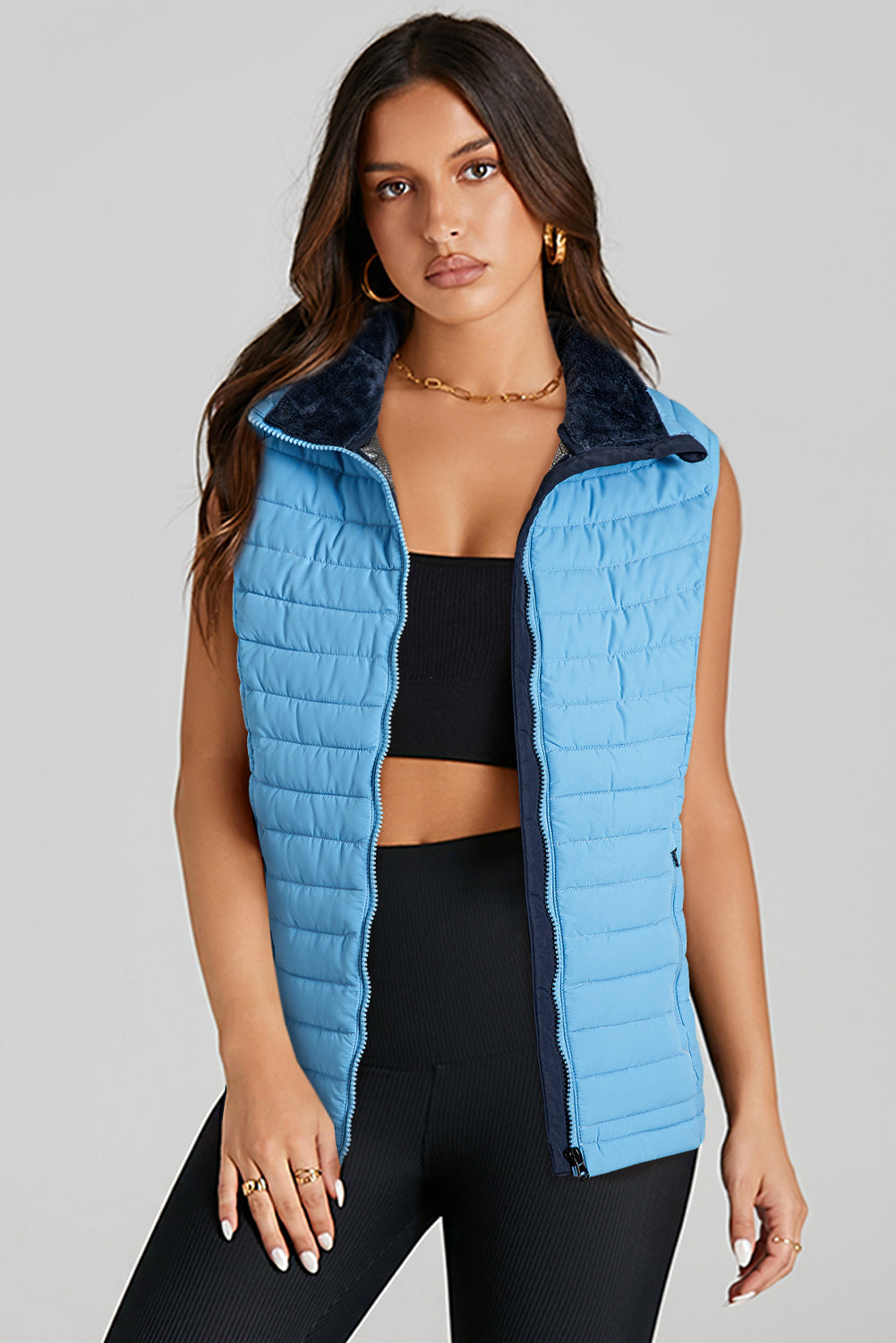 Sky Blue Plush Collared Quilted Zipped Puffer Vest | Opulent Vibe