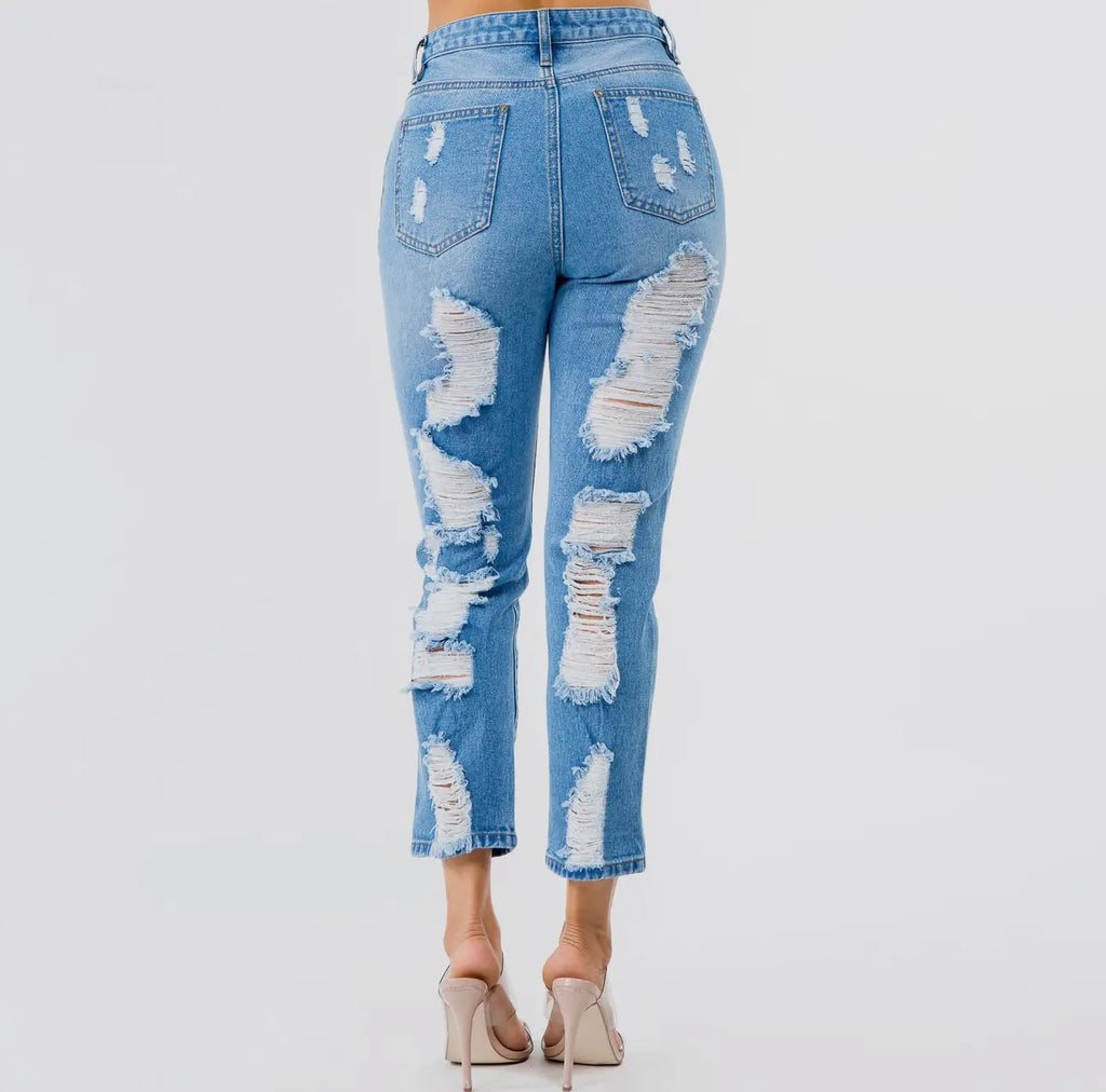 Light Wash Distressed High-Waisted Straight Jeans | Opulent Vibe