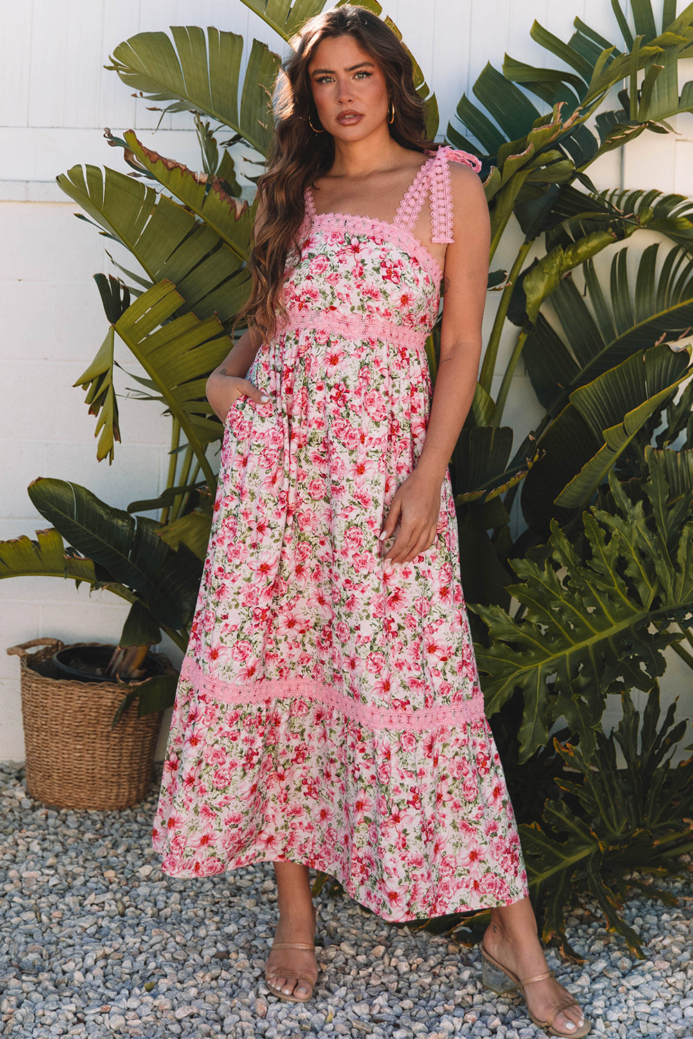 Pink Floral Boho Maxi Dress - Lace & Empire Waist | Opulent Vibe