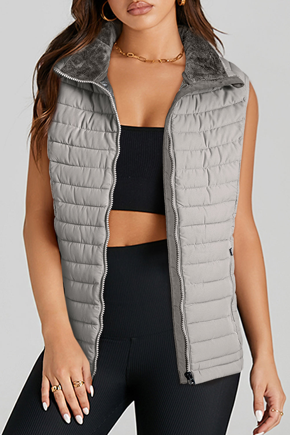 Silver Plush Collared Quilted Puffer Vest – Cozy Chic Outerwear | Opulent Vibe