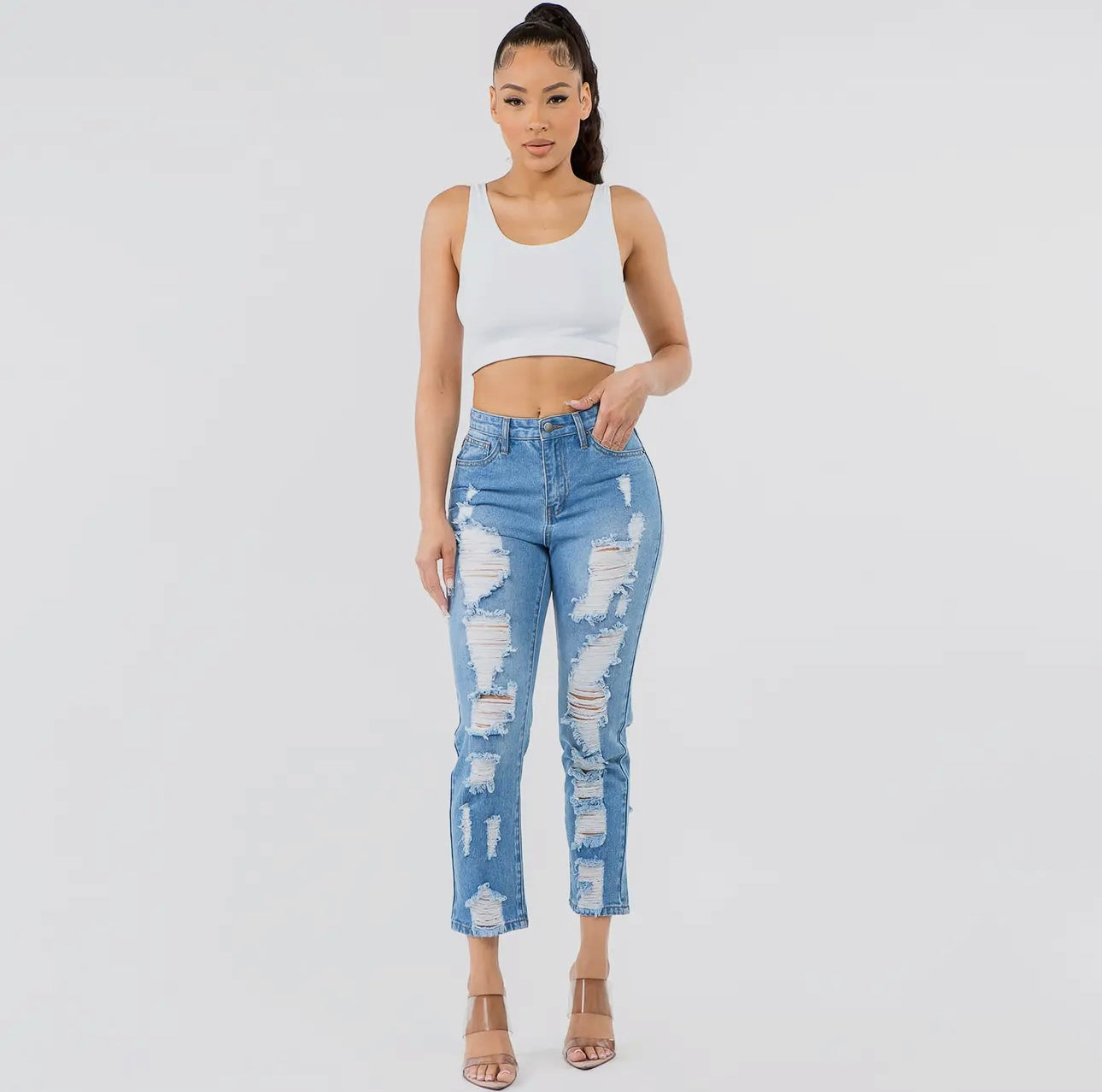Light Wash Distressed High-Waisted Straight Jeans | Opulent Vibe