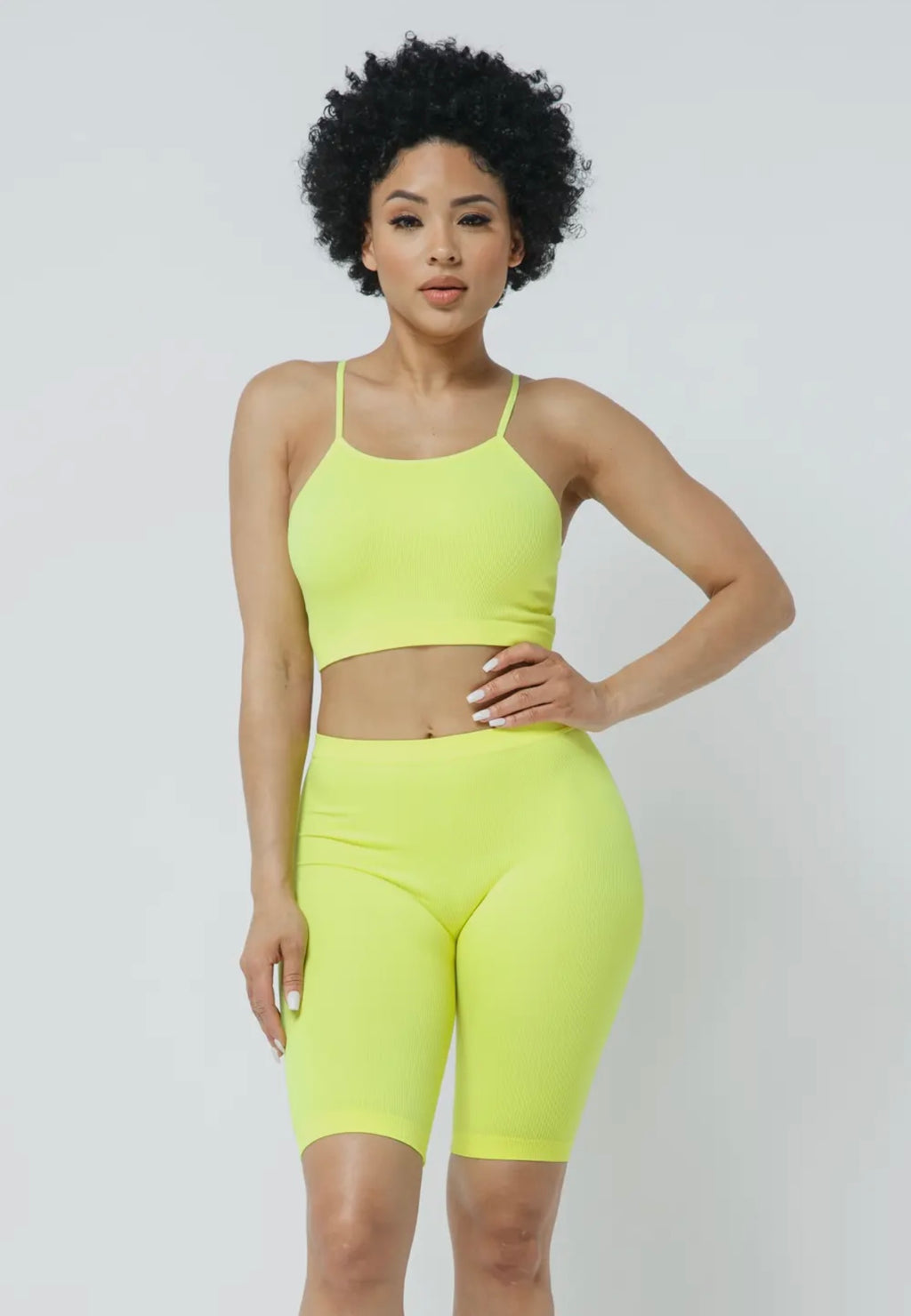 Neon Yellow Ribbed Cami Biker Shorts Set | Opulent Vibe