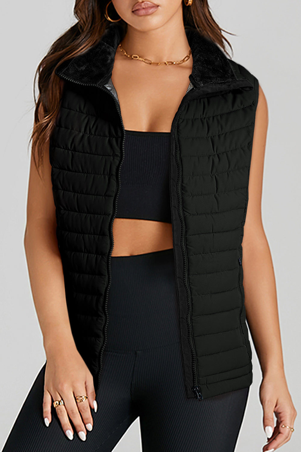 Black Plush Collared Quilted Puffer Vest – Cozy Chic Outerwear | Opulent Vibe
