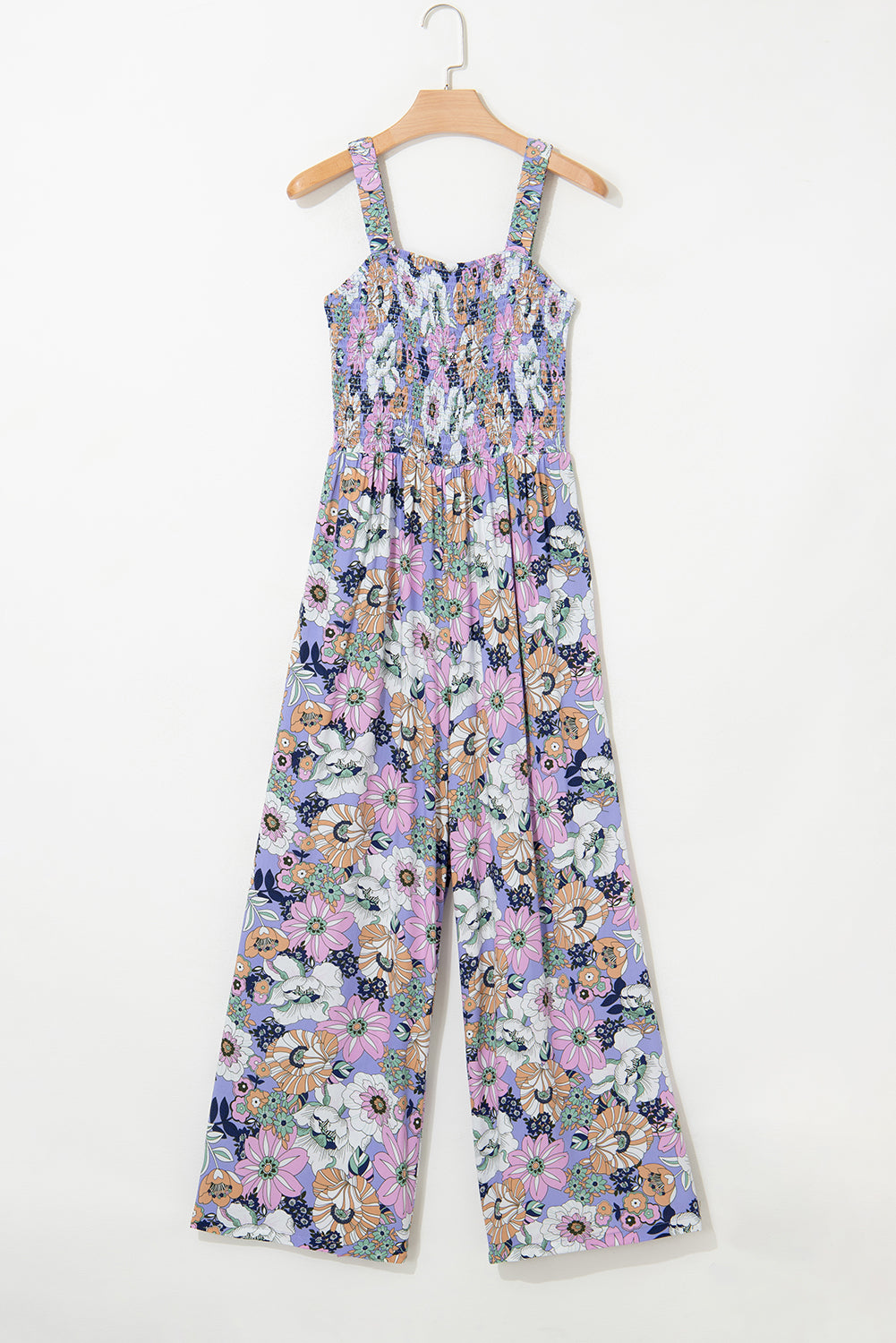 Purple Floral Smocked Jumpsuit – Square Neck & High Waist | Opulent Vibe