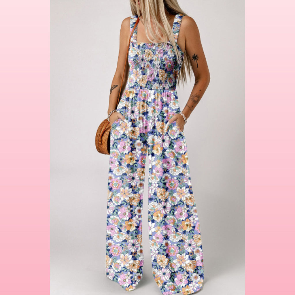 Purple Floral Smocked Jumpsuit – Square Neck & High Waist | Opulent Vibe