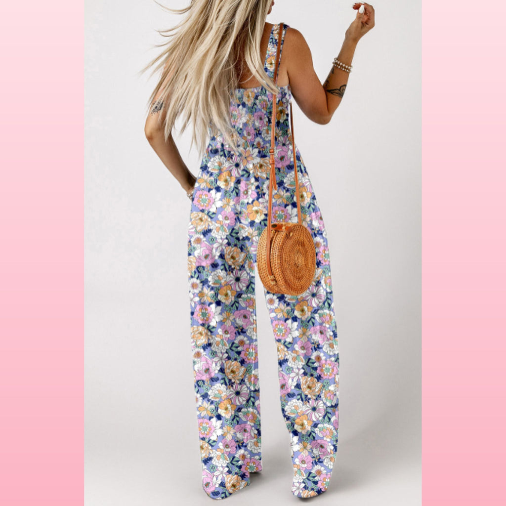 Purple Floral Smocked Jumpsuit – Square Neck & High Waist | Opulent Vibe