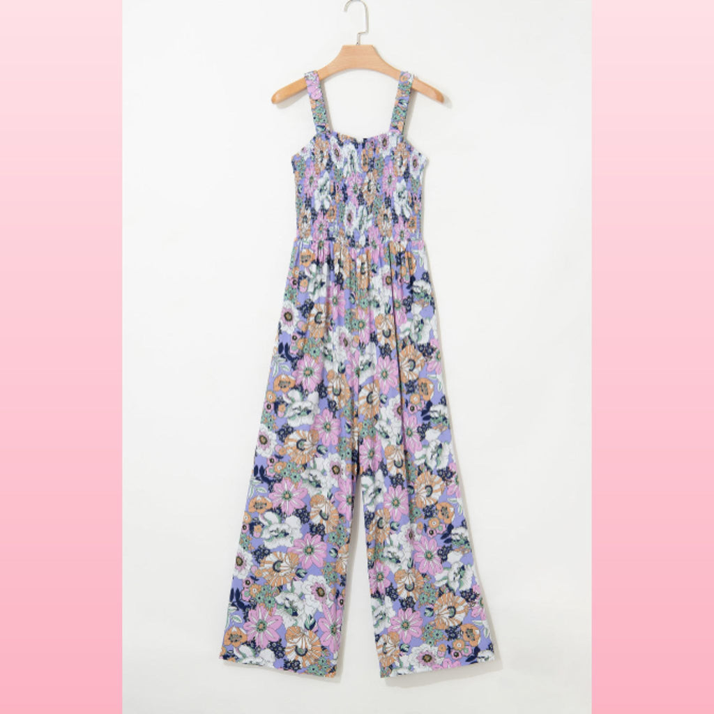 Purple Floral Smocked Jumpsuit – Square Neck & High Waist | Opulent Vibe