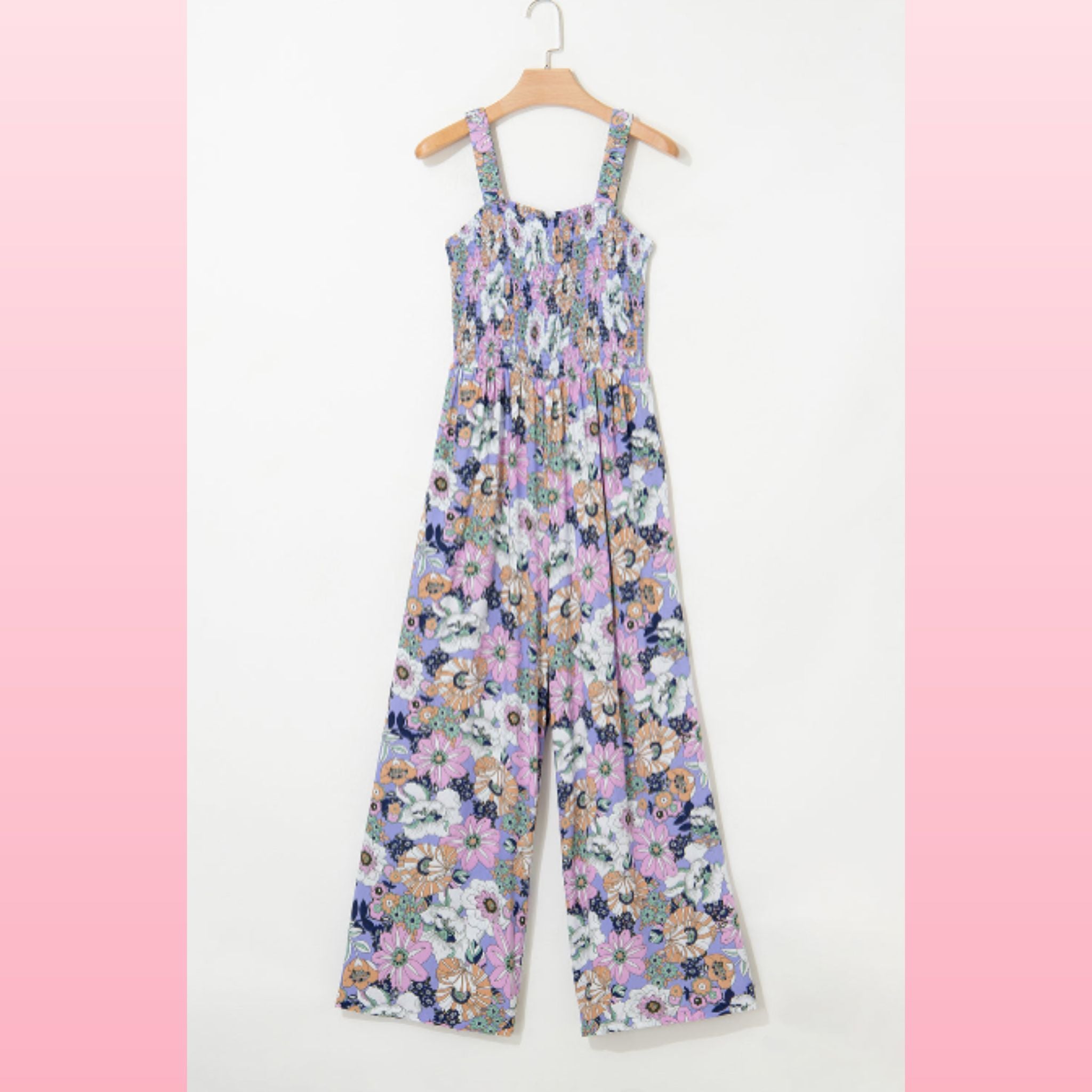 Purple Floral Smocked Jumpsuit – Square Neck & High Waist | Opulent Vibe
