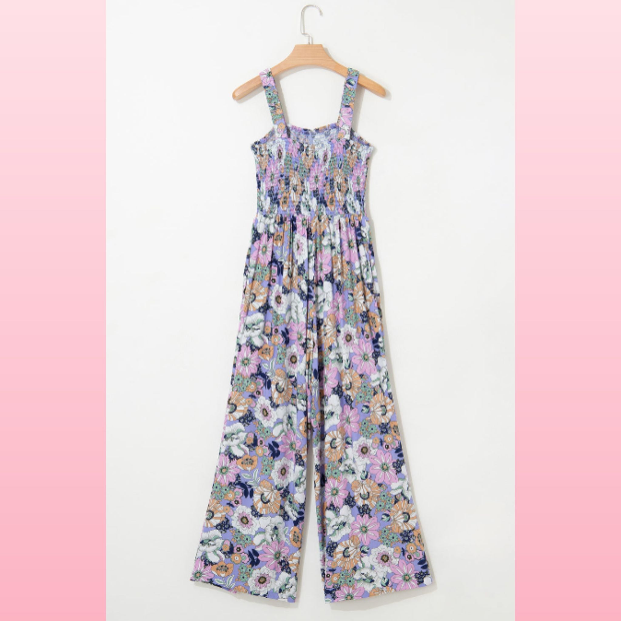 Purple Floral Smocked Jumpsuit – Square Neck & High Waist | Opulent Vibe