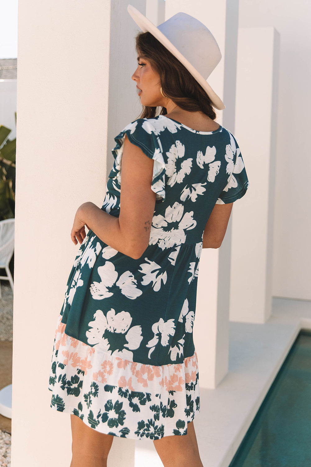Green Floral Mini Dress – Ruffle Sleeves & Empire Waist | Opulent Vibe