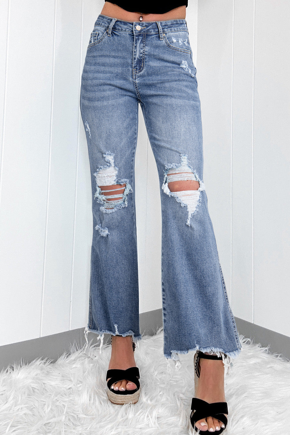Dusk Blue High Rise Flared Jeans – Ripped & Distressed Hem | Opulent Vibe