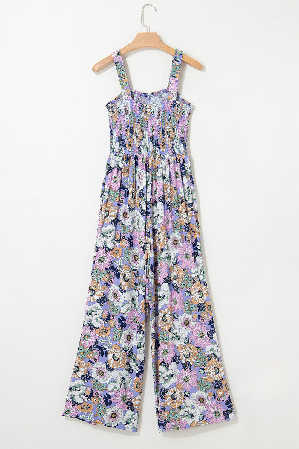 Purple Floral Smocked Jumpsuit – Square Neck & High Waist | Opulent Vibe