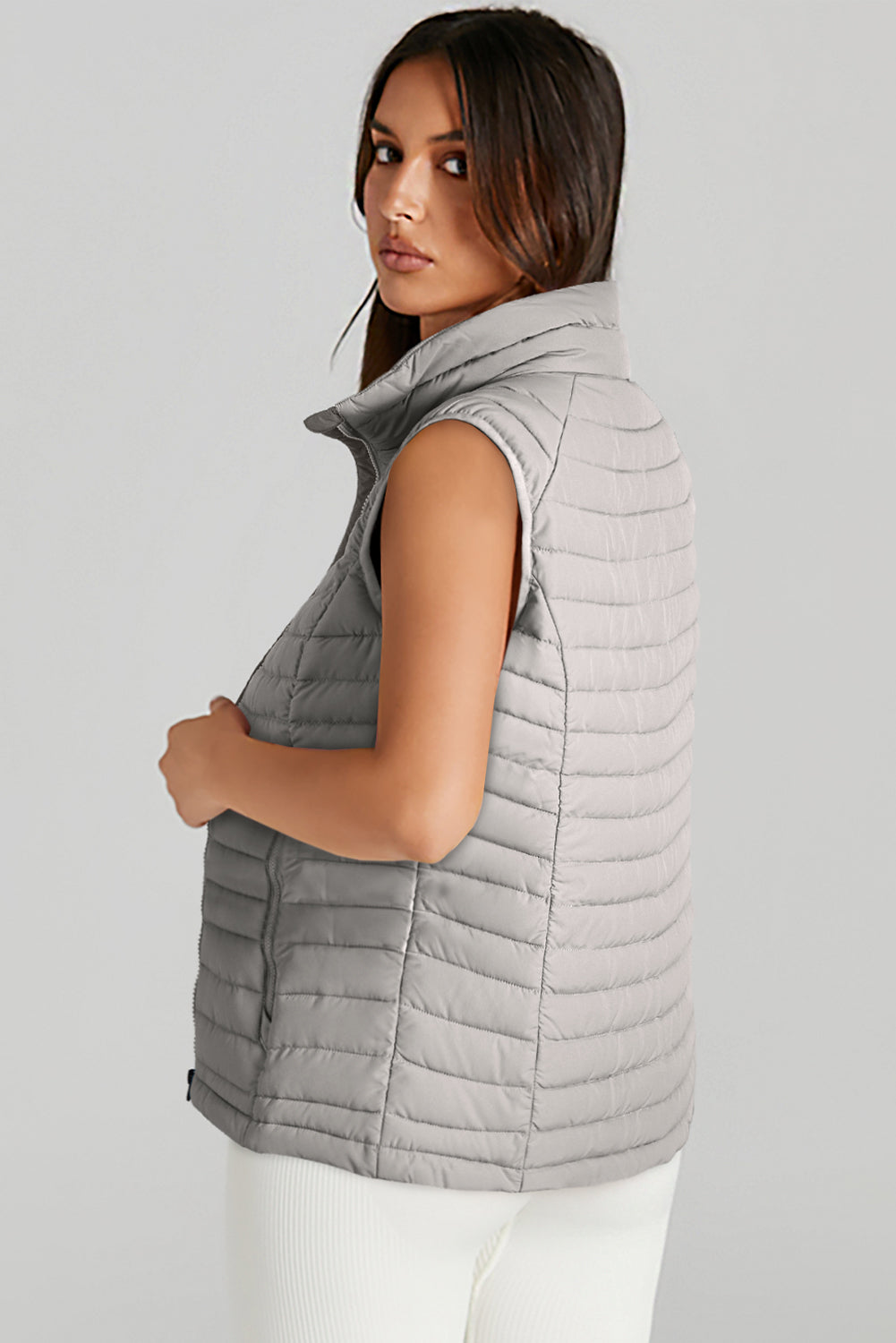 Silver Plush Collared Quilted Puffer Vest – Cozy Chic Outerwear | Opulent Vibe