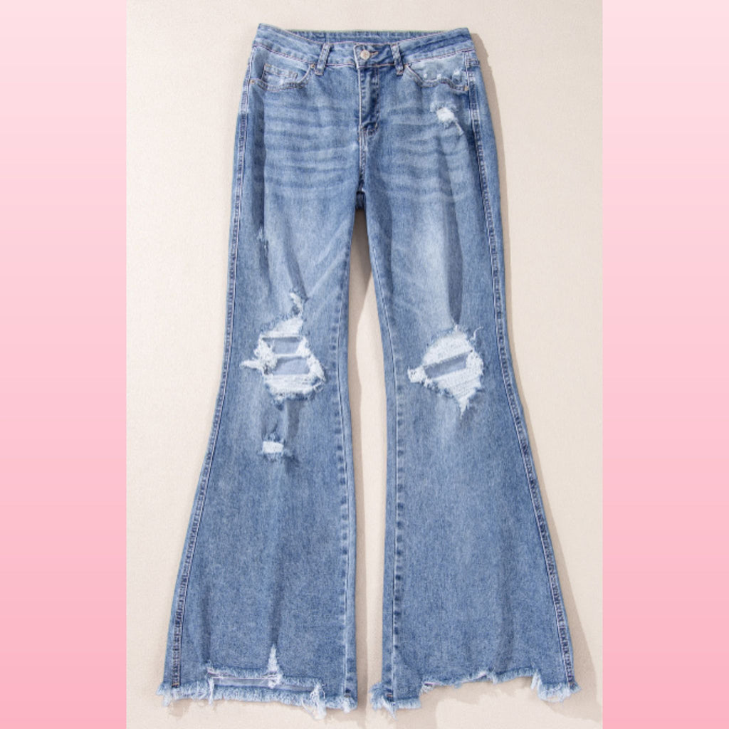 Dusk Blue High Rise Flared Jeans – Ripped & Distressed Hem | Opulent Vibe
