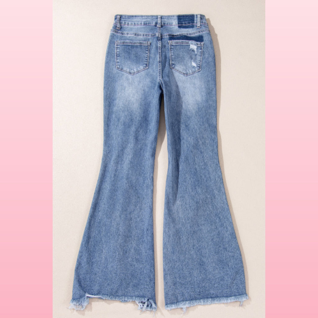 Dusk Blue High Rise Flared Jeans – Ripped & Distressed Hem | Opulent Vibe