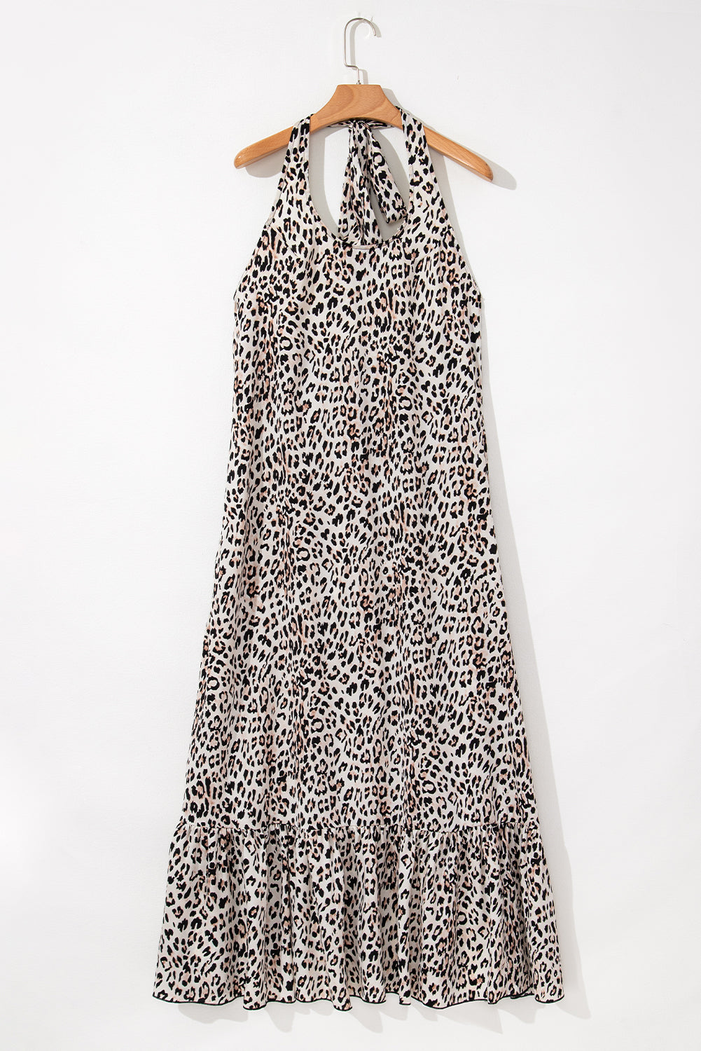 Leopard Print Halter Maxi Dress – Backless with Ruffled Hem | Opulent Vibe