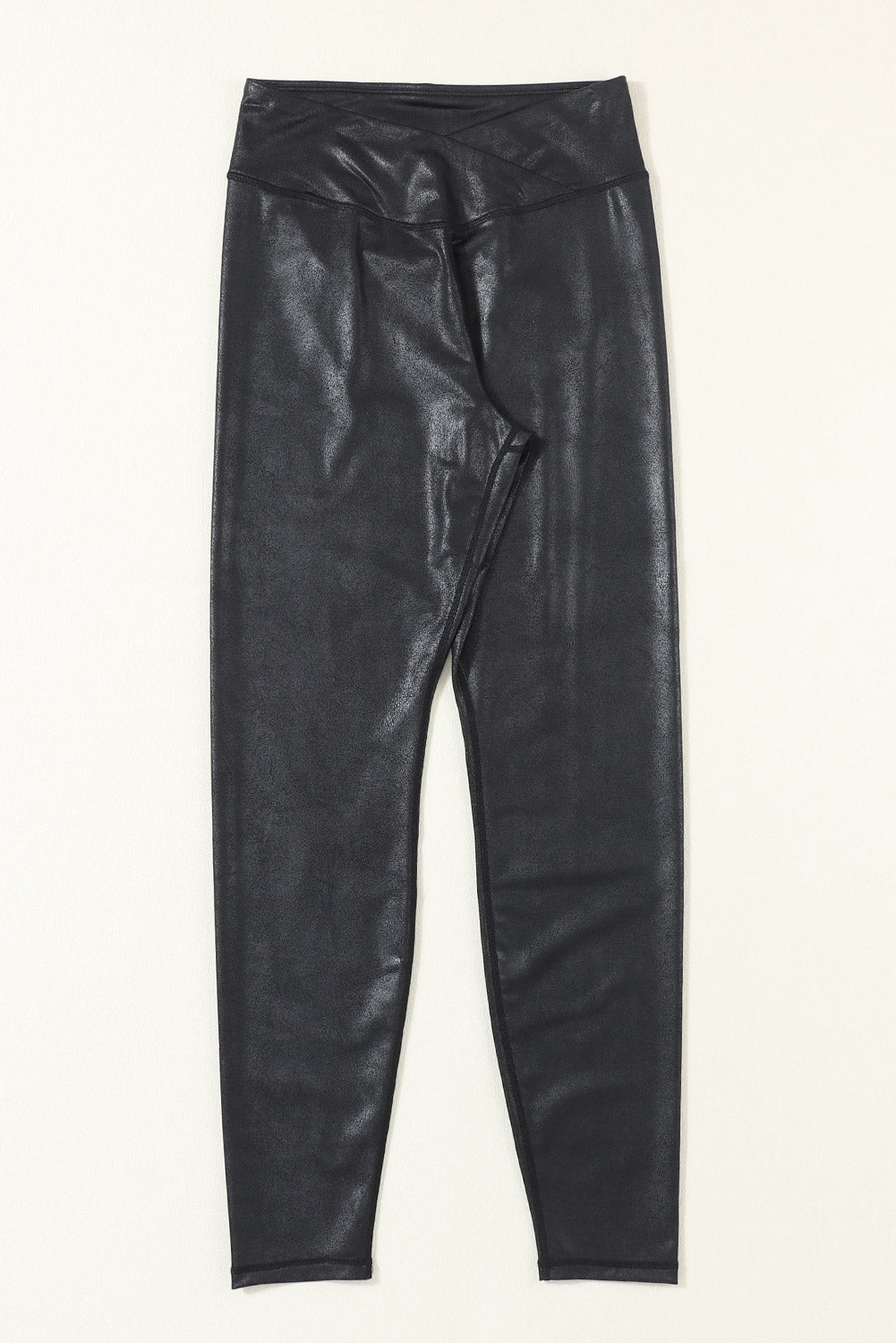 Black Crossed Dip Waist Sleek Leather Leggings | Opulent Vibe