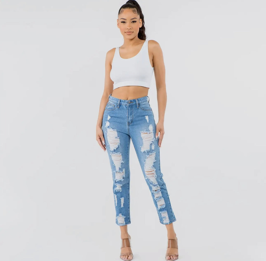 Light Wash Distressed High-Waisted Straight Jeans | Opulent Vibe