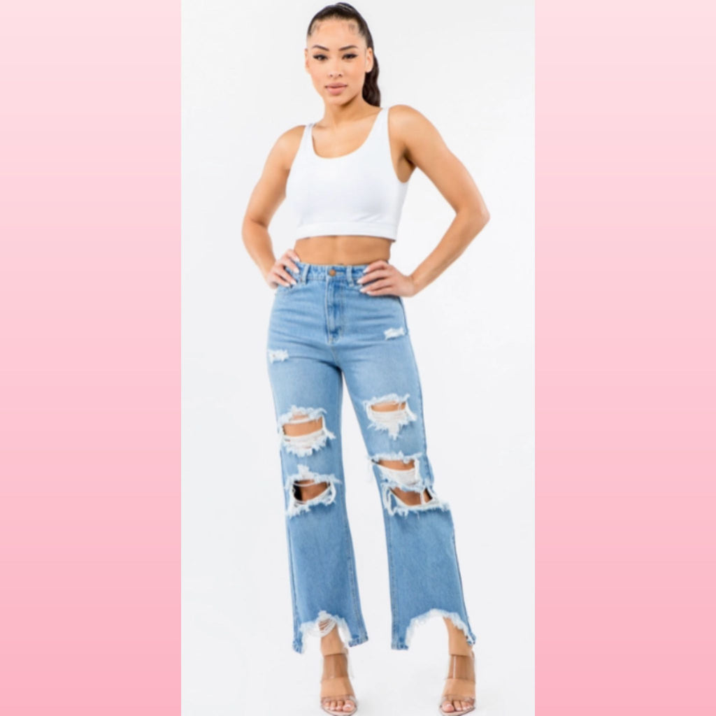 High Waist Distressed Wide Leg Jeans - Boho Relaxed Fit Denim | Opulent Vibe
