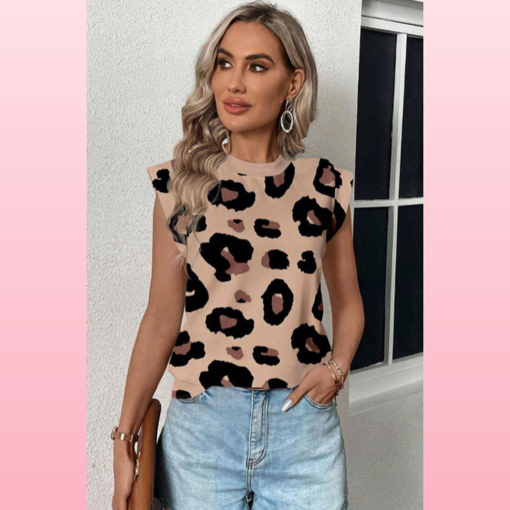 Khaki Leopard Print Boho Blouse - Cap Sleeve Top | Opulent Vibe