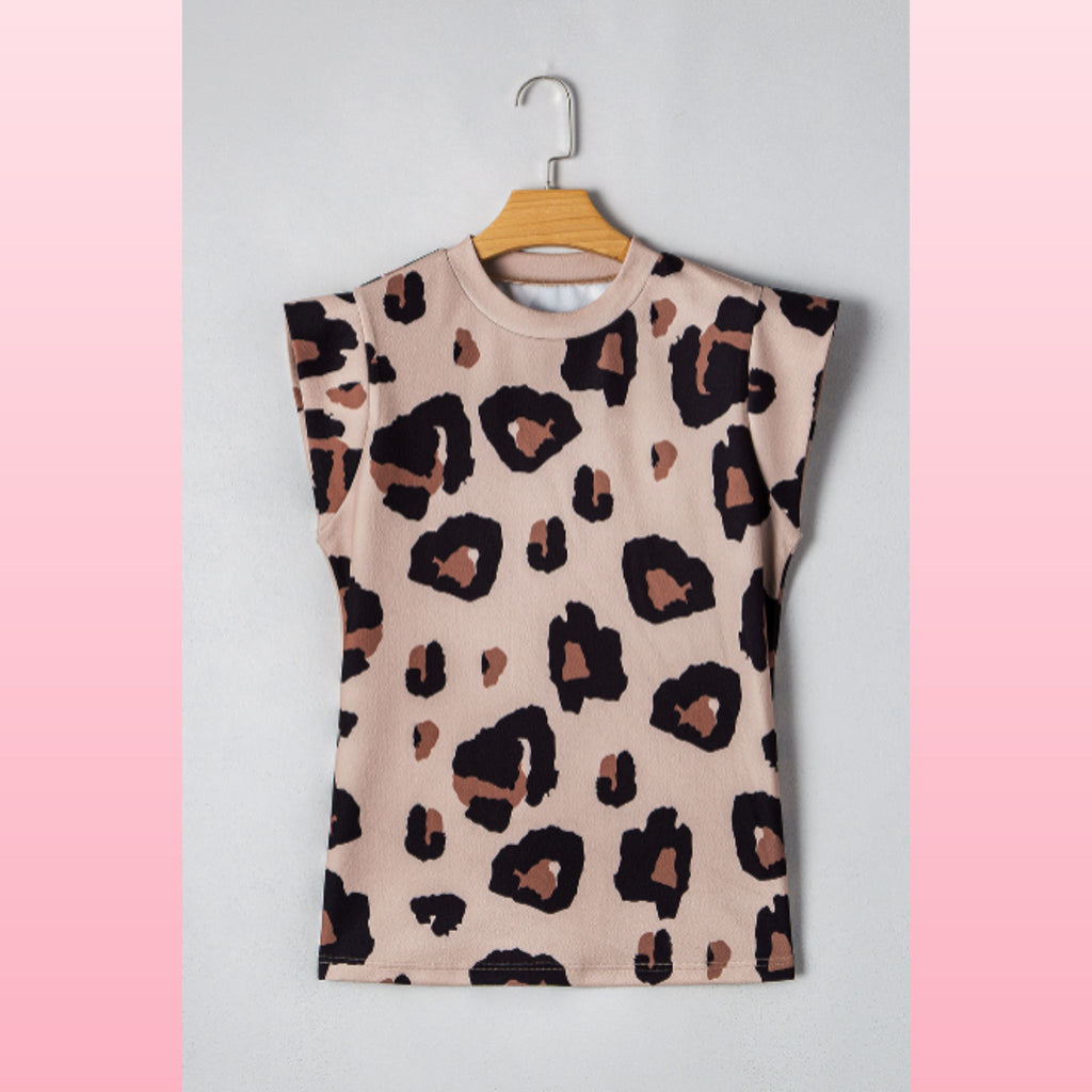 Khaki Leopard Print Boho Blouse - Cap Sleeve Top | Opulent Vibe