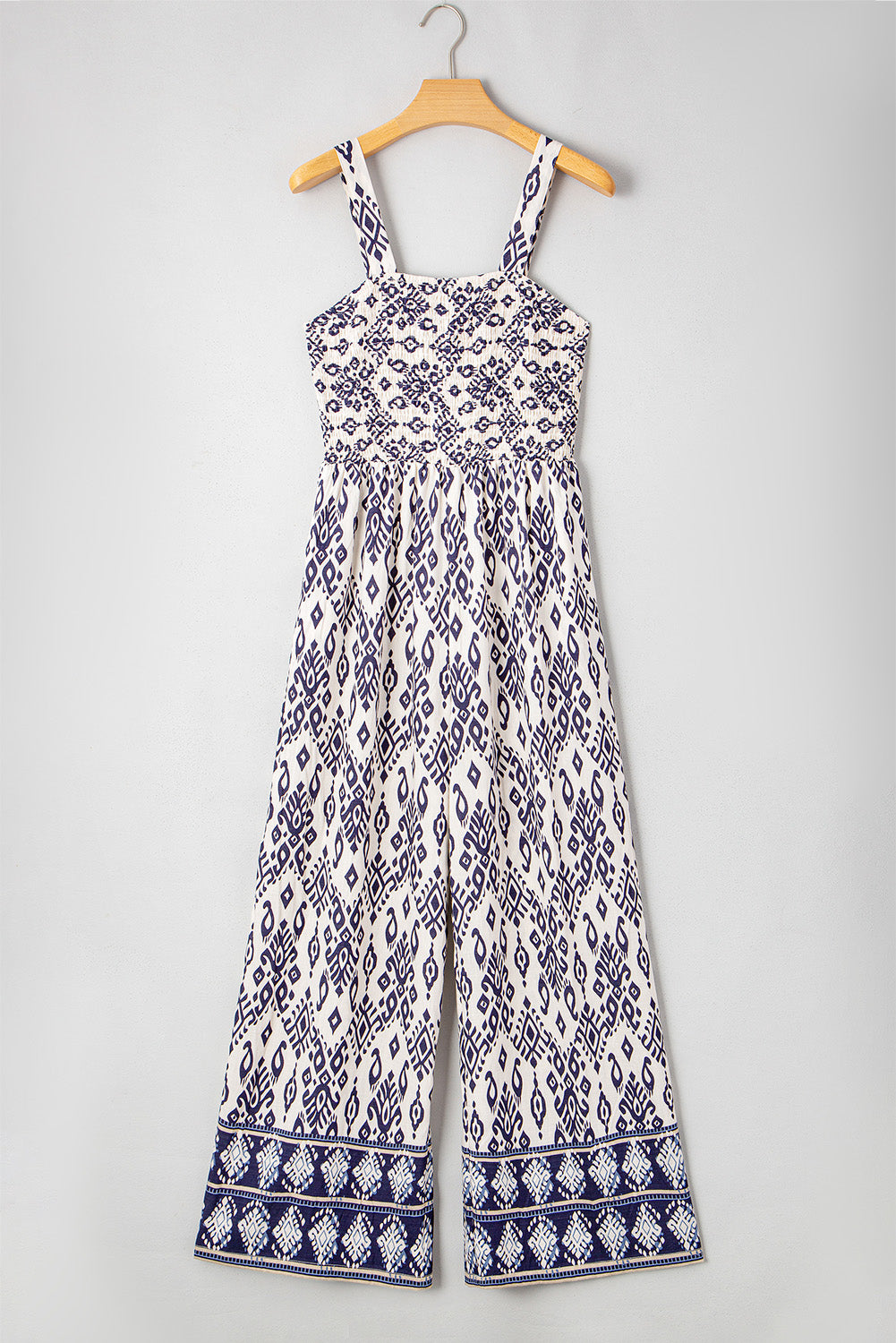 Blue Boho Geometric Print Jumpsuit – Shirred High Waist & Wide Legs | Opulent Vibe