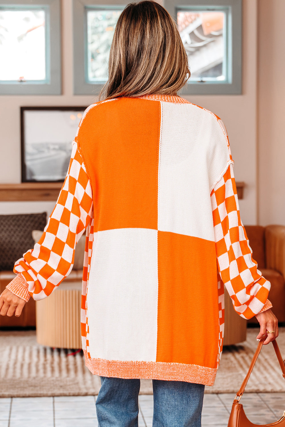 Orange Checkered Drop Shoulder Cardigan | Opulent Vibe