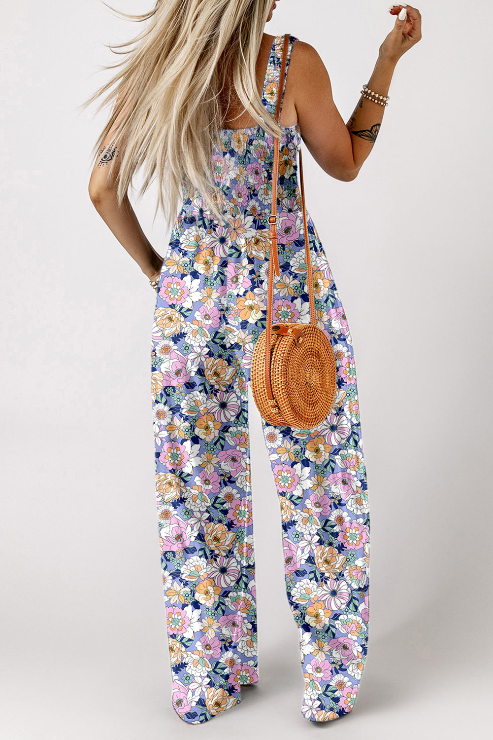Purple Floral Smocked Jumpsuit – Square Neck & High Waist | Opulent Vibe