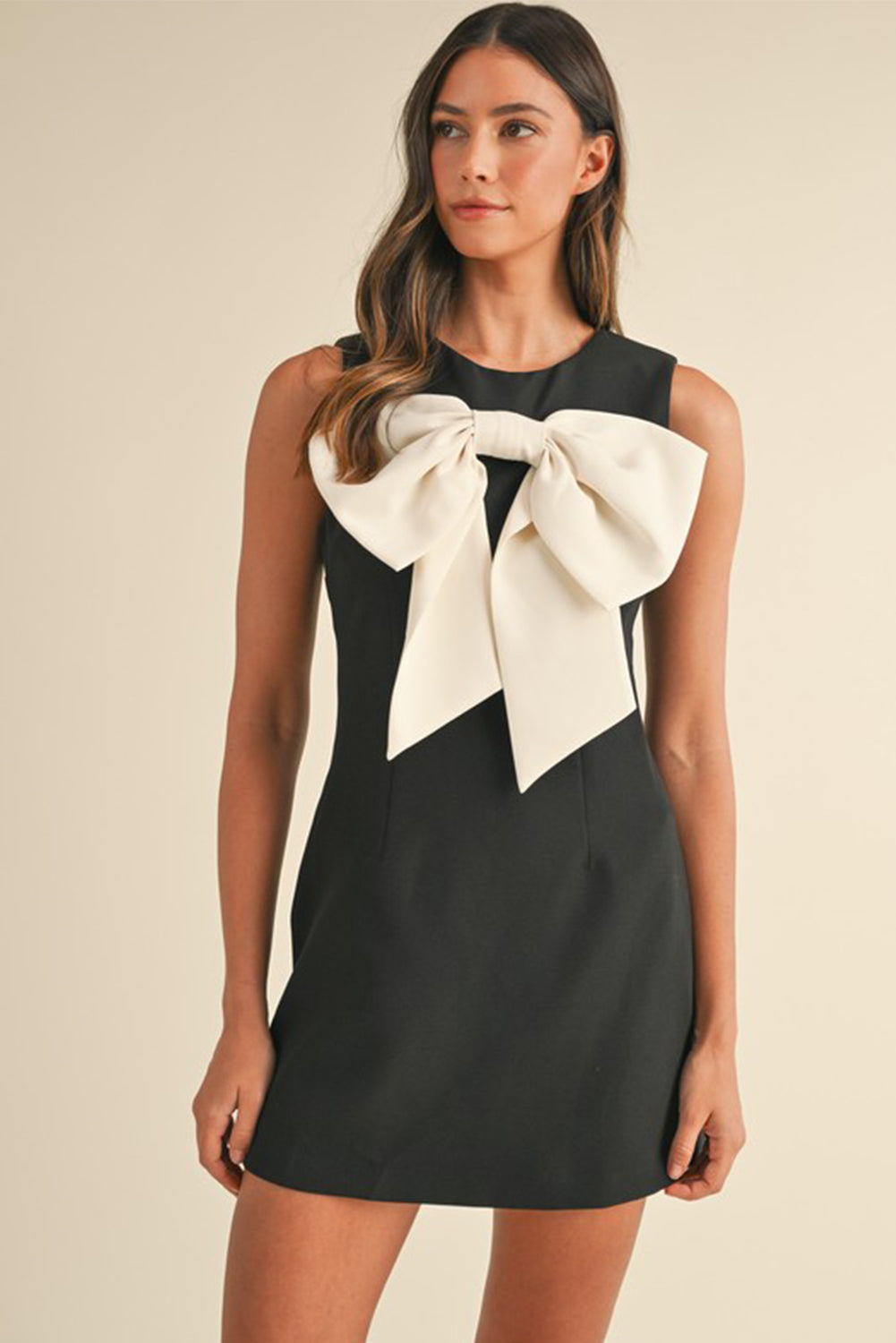 Black Mini Dress – Sleeveless Crew Neck with Contrast Bow | Opulent Vibe