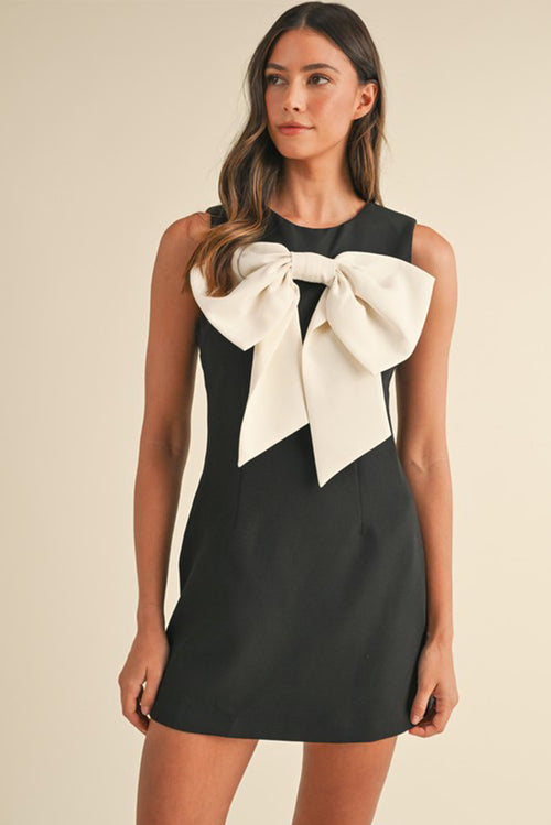 Black Mini Dress – Sleeveless Crew Neck with Contrast Bow | Opulent Vibe