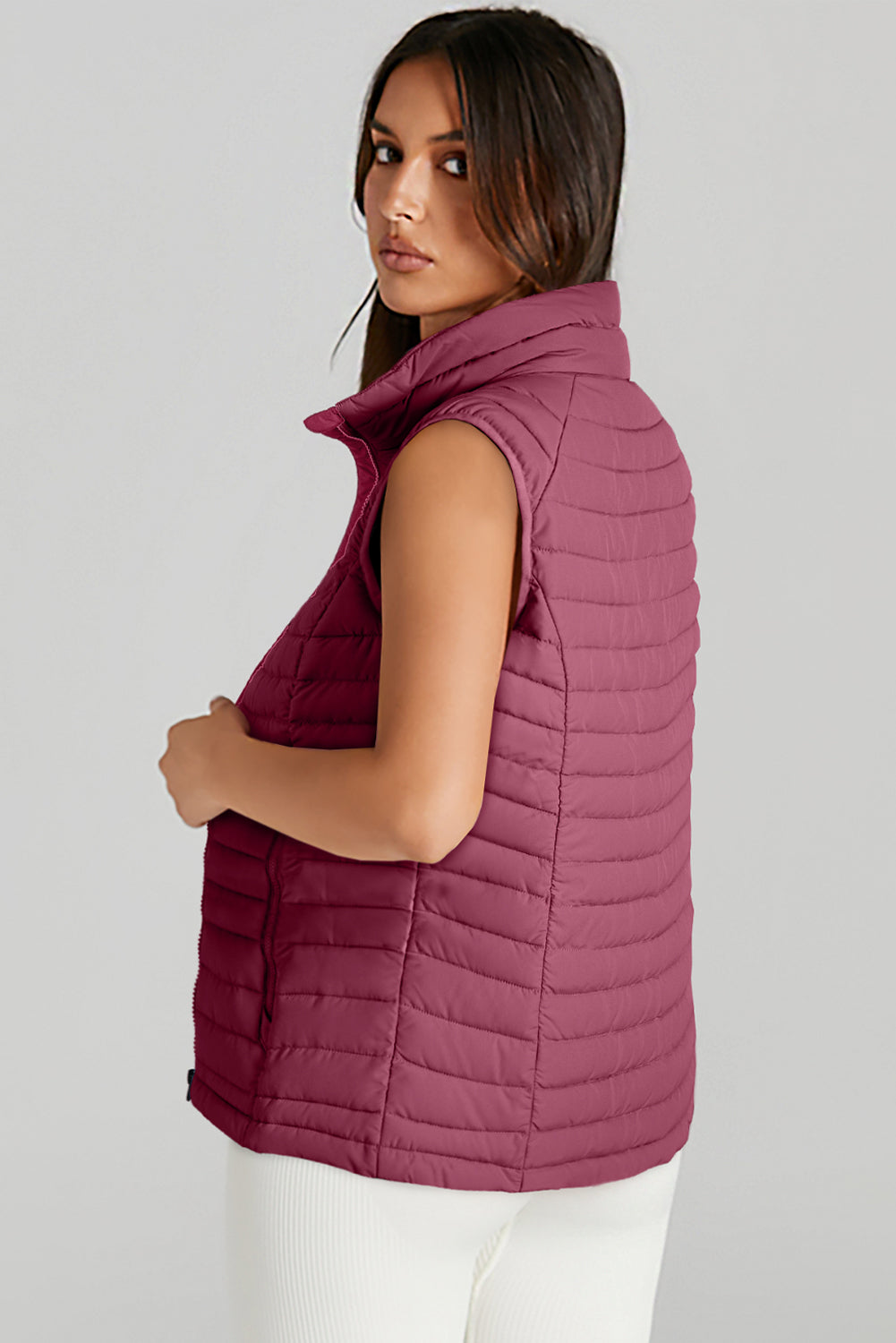 Sky Blue Plush Collared Quilted Zipped Puffer Vest | Opulent Vibe